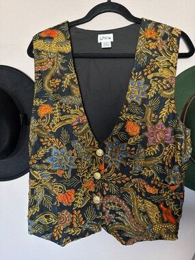 Vtg THEO Beaded Embellished Vest Floral Black
